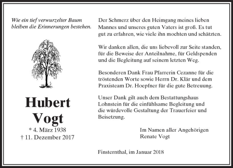  Traueranzeige für Hubert Vogt vom 06.01.2018 aus  Usinger Anzeiger