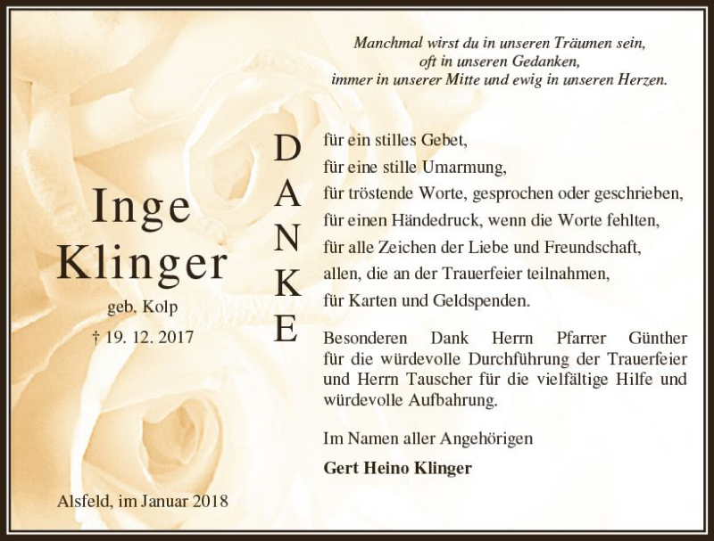  Traueranzeige für Inge Klinger vom 20.01.2018 aus VRM Trauer