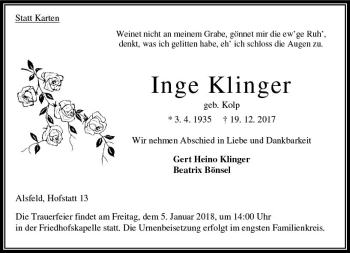 Traueranzeige von Inge Klinger von VRM Trauer