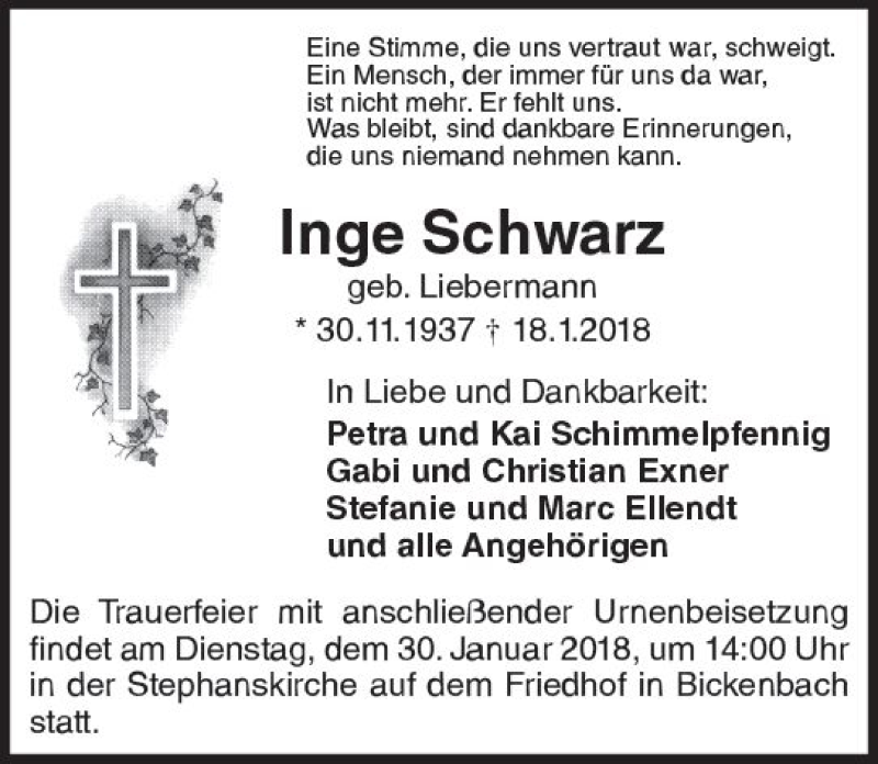  Traueranzeige für Inge Schwarz vom 27.01.2018 aus Trauerportal Rhein Main Presse