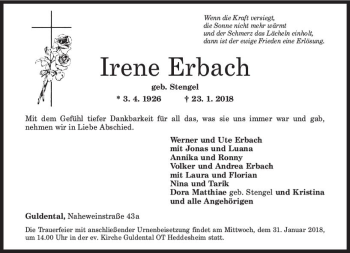 Traueranzeige von Irene Erbach von Trauerportal Rhein Main Presse
