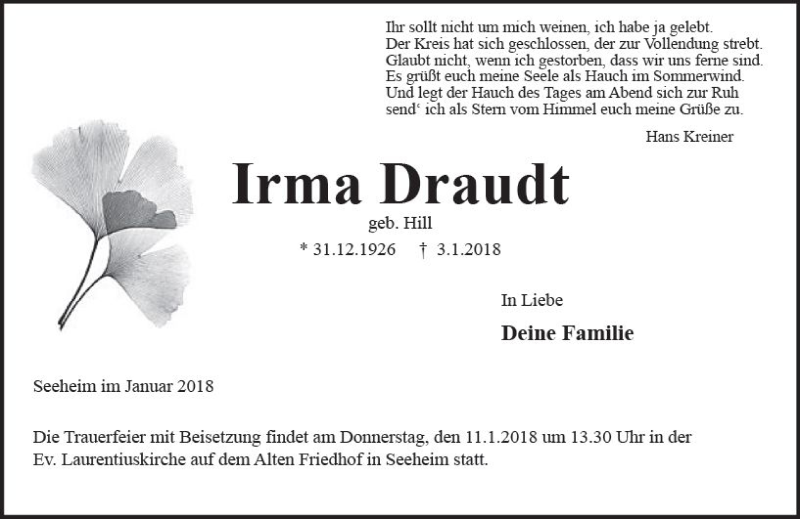  Traueranzeige für Irma Draudt vom 06.01.2018 aus Trauerportal Rhein Main Presse