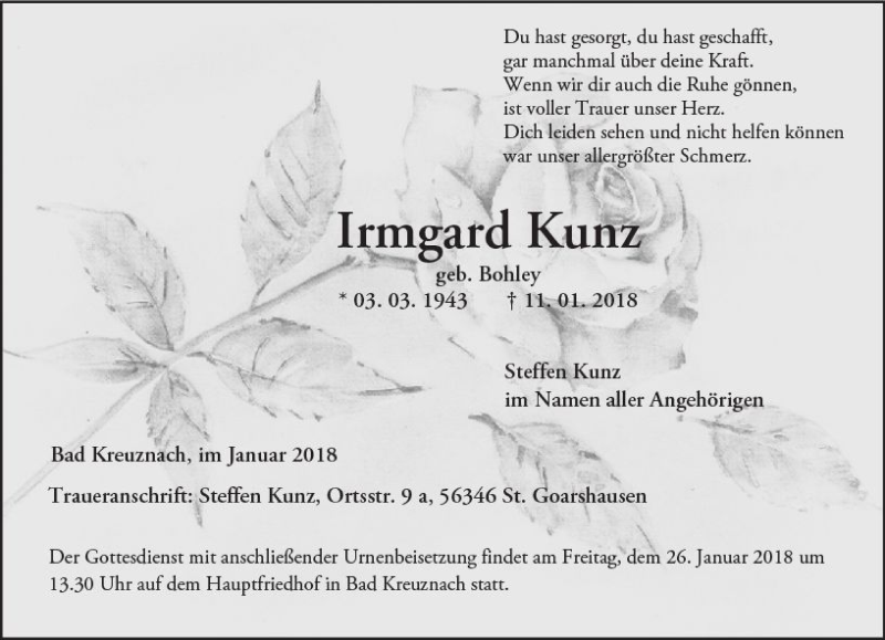  Traueranzeige für Irmgard Kunz vom 20.01.2018 aus Trauerportal Rhein Main Presse