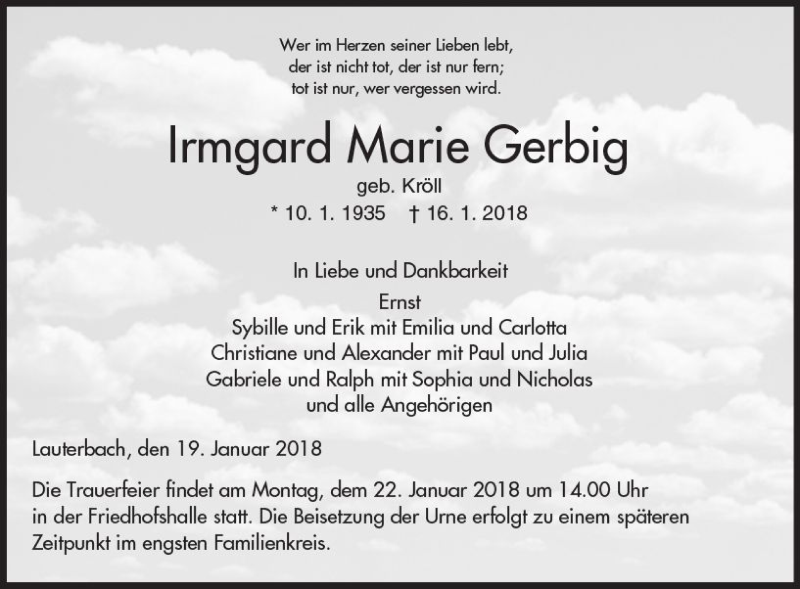  Traueranzeige für Irmgard Marie Gerbig vom 19.01.2018 aus VRM Trauer