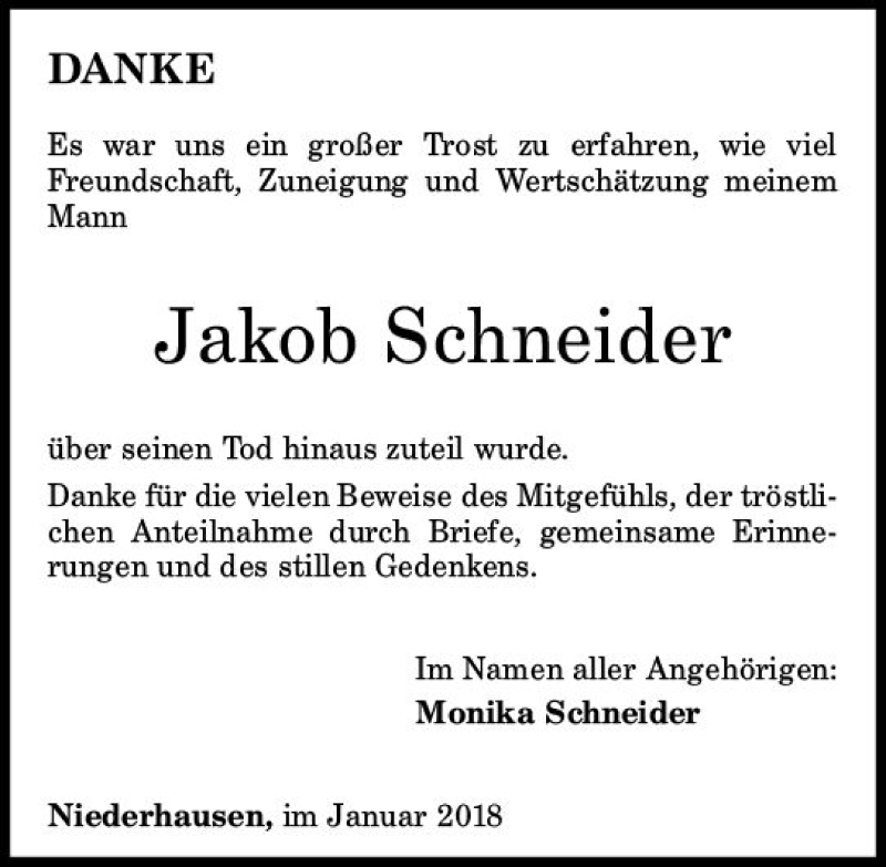  Traueranzeige für Jakob Schneider vom 06.01.2018 aus Trauerportal Rhein Main Presse