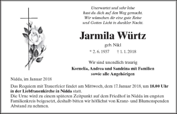 Traueranzeige von Jarmila Würtz von  Kreisanzeiger
