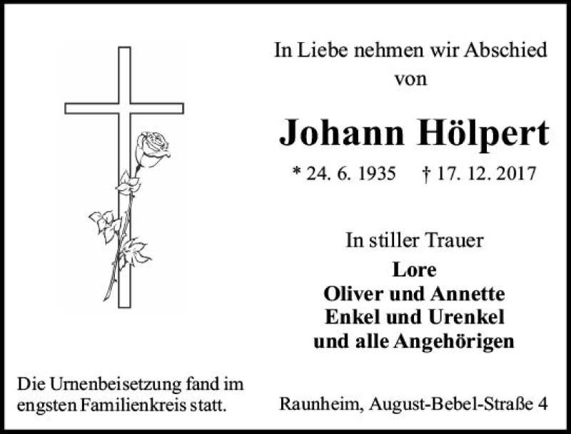  Traueranzeige für Johann Hölpert vom 06.01.2018 aus Trauerportal Rhein Main Presse