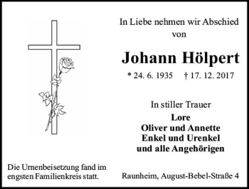 Traueranzeige von Johann Hölpert von Trauerportal Rhein Main Presse