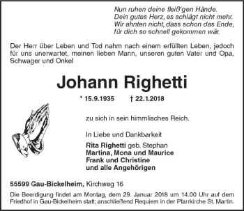 Traueranzeige von Johann Righetti von Trauerportal Rhein Main Presse