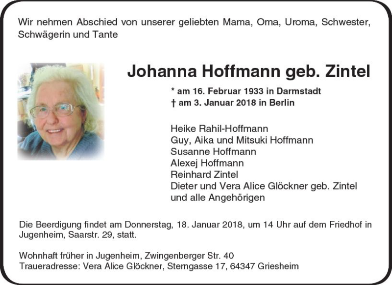 Traueranzeige für Johanna Hoffmann vom 13.01.2018 aus Trauerportal Rhein Main Presse
