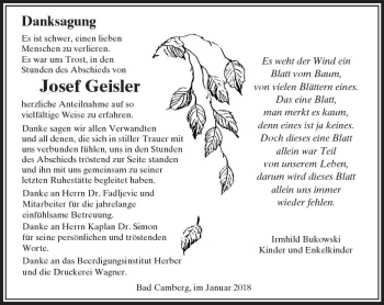 Traueranzeige von Josef Geisler von  Camberger Anzeiger