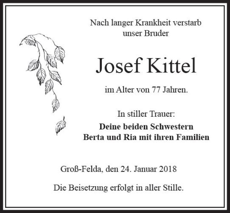 Traueranzeige für Josef Kittel vom 24.01.2018 aus VRM Trauer