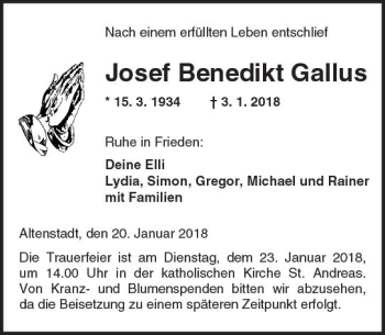 Traueranzeige von Josef Benedikt Gallus von  Kreisanzeiger