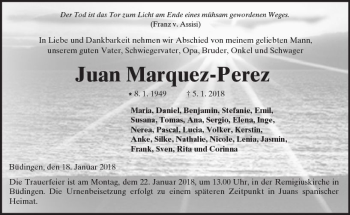 Traueranzeige von Juan Marquez-Perez von  Kreisanzeiger