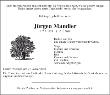 Traueranzeige von Jürgen Mandler von  Gießener Anzeiger