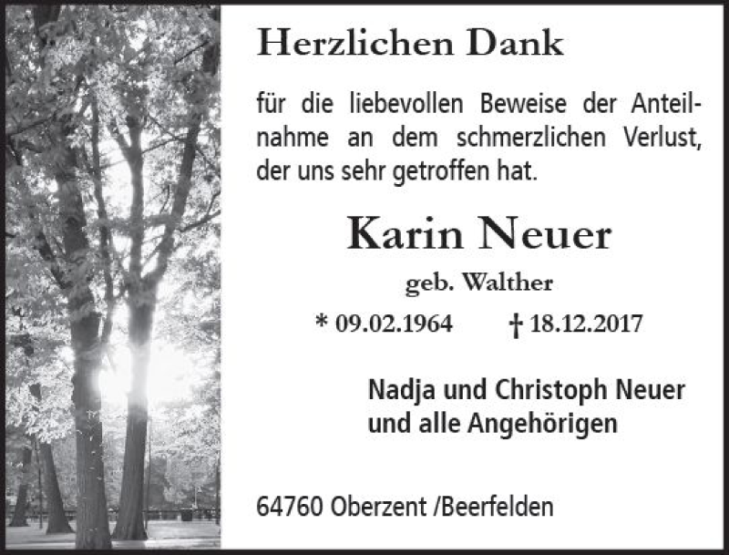  Traueranzeige für Karin Neuer vom 24.01.2018 aus Trauerportal Rhein Main Presse