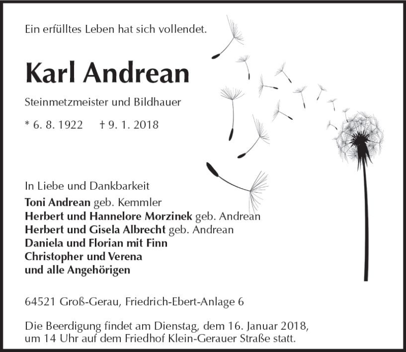  Traueranzeige für Karl Andrean vom 13.01.2018 aus Trauerportal Rhein Main Presse