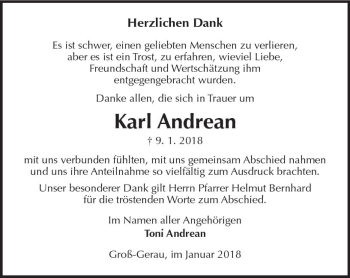 Traueranzeige von Karl Andrean von Trauerportal Rhein Main Presse