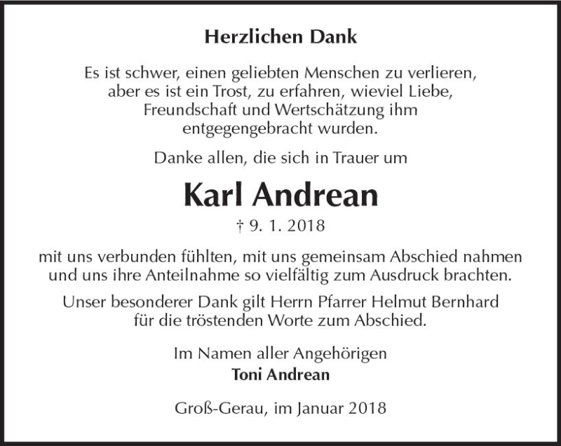  Traueranzeige für Karl Andrean vom 27.01.2018 aus Trauerportal Rhein Main Presse