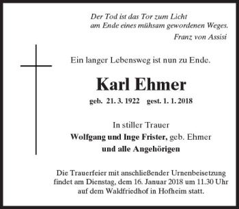 Traueranzeige von Karl Ehmer von Trauerportal Echo Online