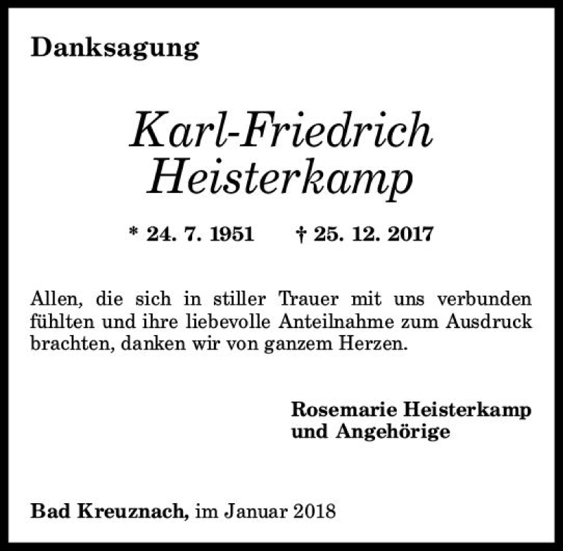  Traueranzeige für Karl-Friedrich Heisterkamp vom 20.01.2018 aus Trauerportal Rhein Main Presse