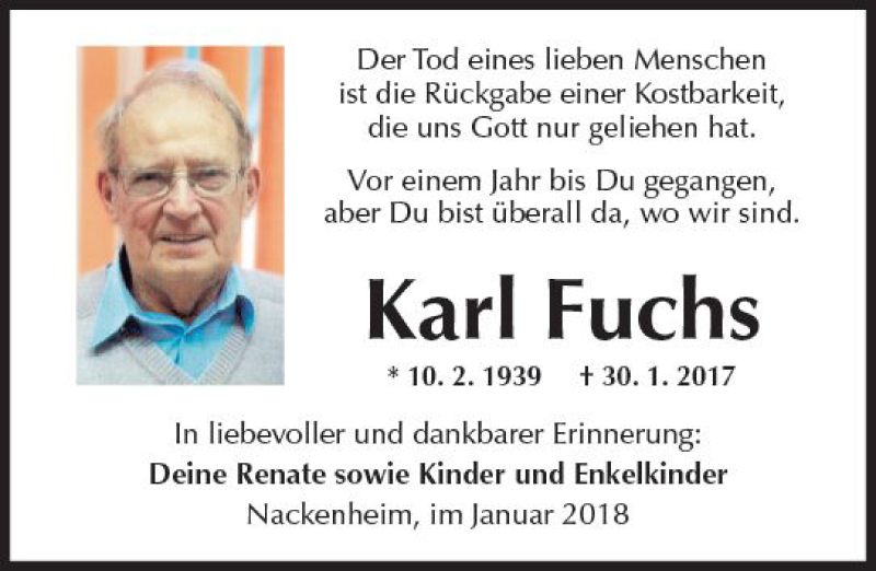  Traueranzeige für Karl Fuchs vom 30.01.2018 aus Trauerportal Rhein Main Presse