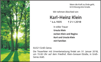 Traueranzeige von Karl-Heinz Klein von Trauerportal Rhein Main Presse