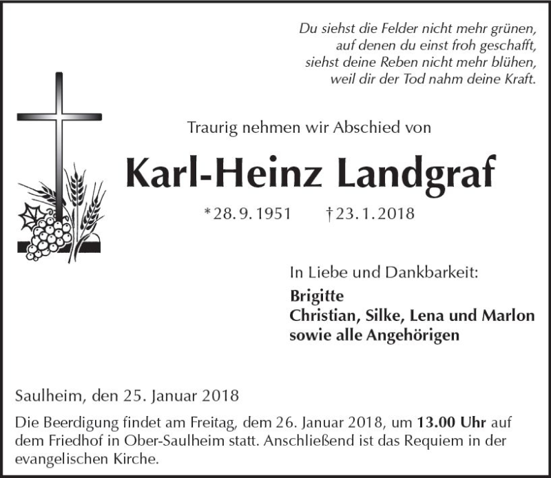  Traueranzeige für Karl-Heinz Landgraf vom 25.01.2018 aus Trauerportal Rhein Main Presse