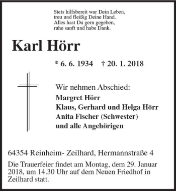 Traueranzeige von Karl Hörr von Trauerportal Rhein Main Presse