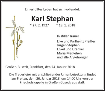 Traueranzeige von Karl Stephan von  Gießener Anzeiger