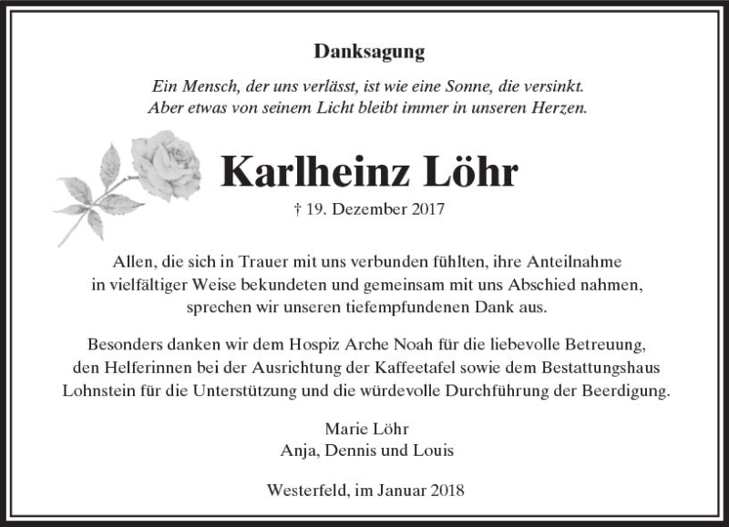  Traueranzeige für Karlheinz Löhr vom 31.01.2018 aus  Usinger Anzeiger