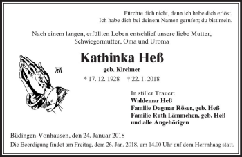 Traueranzeige von Kathinka Heß von  Kreisanzeiger
