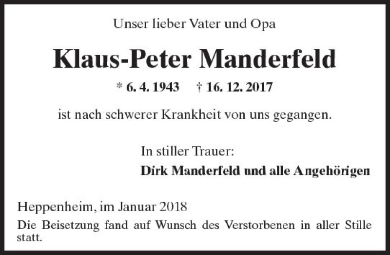  Traueranzeige für Klaus-Peter Manderfeld vom 03.01.2018 aus Trauerportal Rhein Main Presse