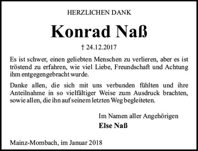  Traueranzeige für Konrad Naß vom 13.01.2018 aus Trauerportal Rhein Main Presse