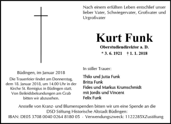Traueranzeige von Kurt Funk von  Kreisanzeiger