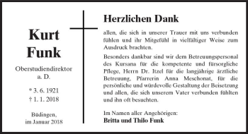 Traueranzeige von Kurt Funk von  Kreisanzeiger
