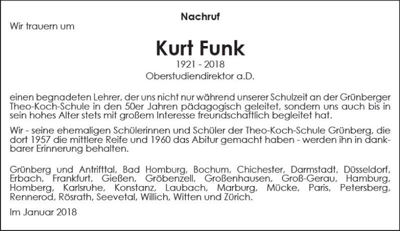  Traueranzeige für Kurt Funk vom 20.01.2018 aus  Gießener Anzeiger