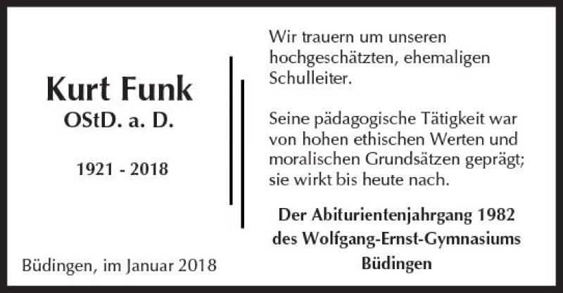  Traueranzeige für Kurt Funk vom 17.01.2018 aus  Kreisanzeiger