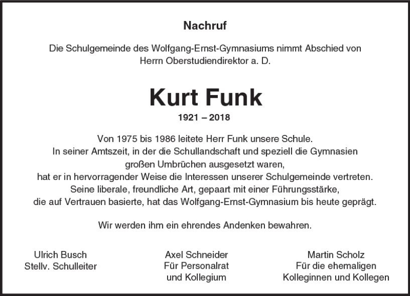  Traueranzeige für Kurt Funk vom 16.01.2018 aus  Kreisanzeiger