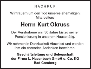 Traueranzeige von Kurt Okruss von  Camberger Anzeiger