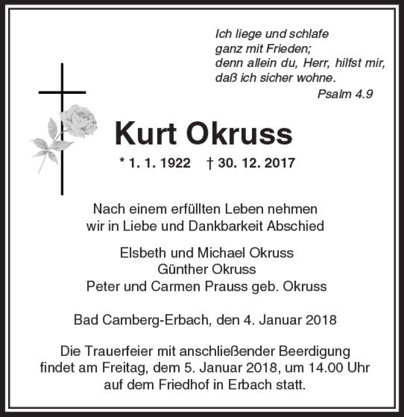  Traueranzeige für Kurt Okruss vom 04.01.2018 aus  Camberger Anzeiger