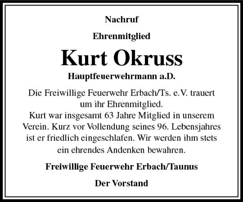  Traueranzeige für Kurt Okruss vom 18.01.2018 aus  Camberger Anzeiger