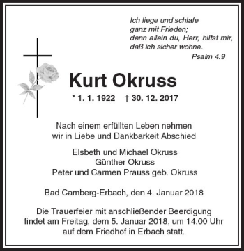 Traueranzeige von Kurt Okruss von  Camberger Anzeiger