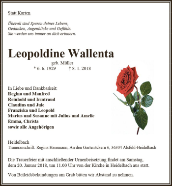 Traueranzeige von Leopoldine Wallenta von VRM Trauer