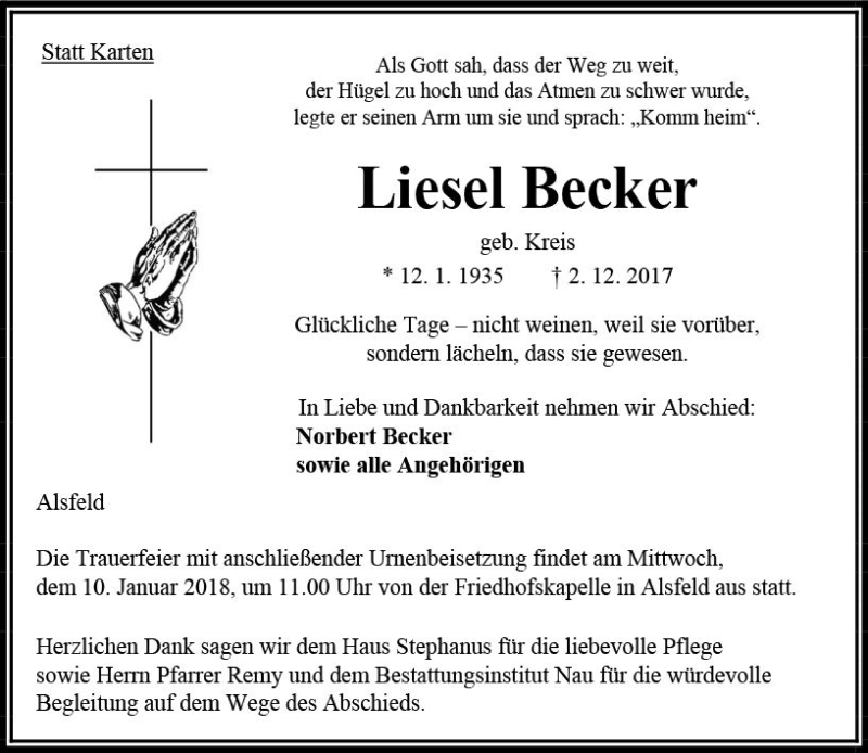  Traueranzeige für Liesel Becker vom 06.01.2018 aus VRM Trauer