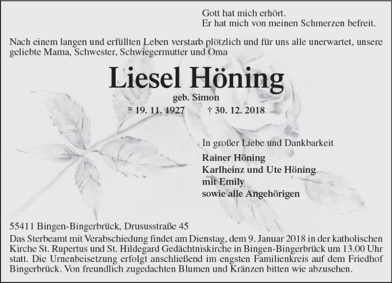  Traueranzeige für Liesel Höning vom 06.01.2018 aus Trauerportal Rhein Main Presse
