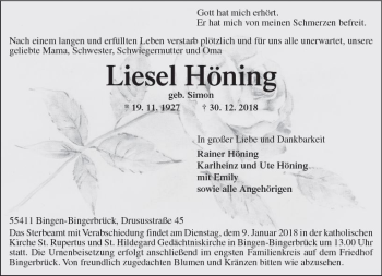Traueranzeige von Liesel Höning von Trauerportal Rhein Main Presse