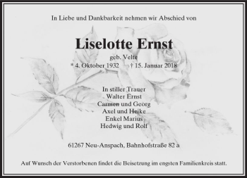 Traueranzeige von Liselotte Ernst von  Usinger Anzeiger