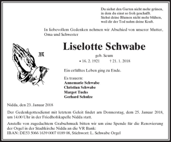 Traueranzeige von Liselotte Schwabe von  Kreisanzeiger