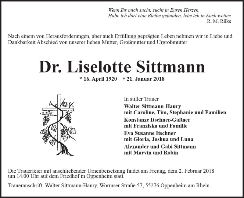 Traueranzeige für Liselotte Sittmann vom 27.01.2018 aus Trauerportal Rhein Main Presse